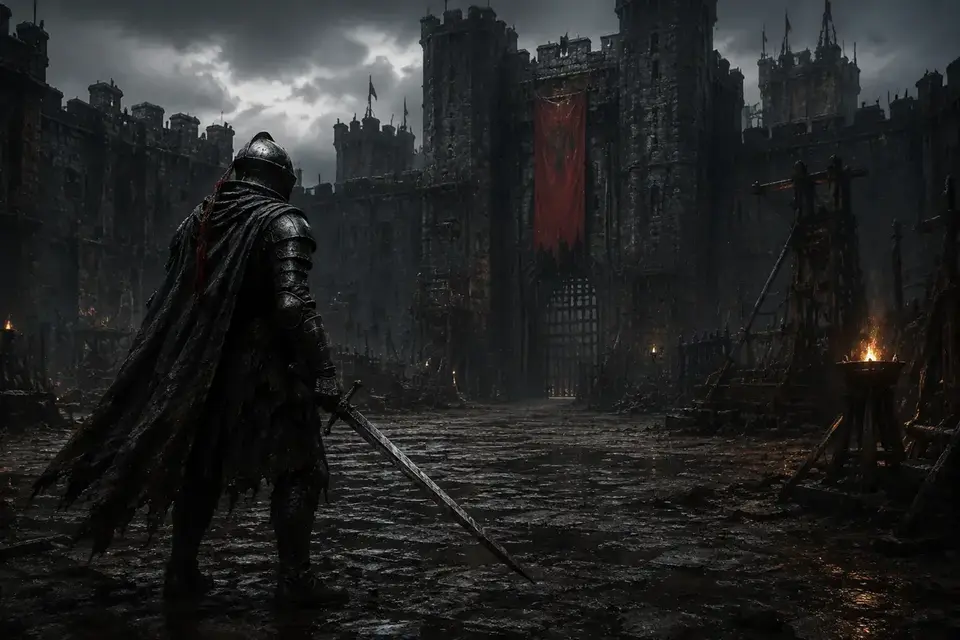 Visual study of a lone armoured fighter in a rain-dark stone courtyard; not gameplay footage.