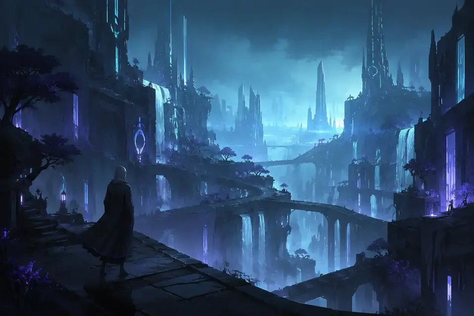 Visual study of a quiet sci-fi skyline and progression path; not gameplay footage.