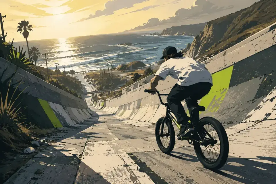 Visual study of a BMX rider descending a coastal concrete channel; not gameplay footage.