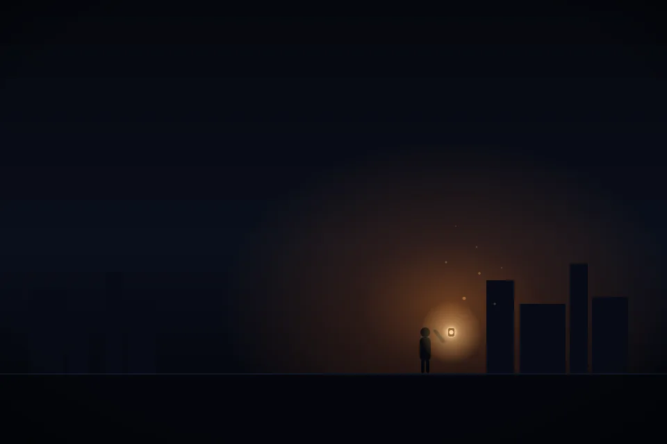 Visual study of a small figure holding a lantern against a dark ruined horizon with ember motes; not gameplay footage.