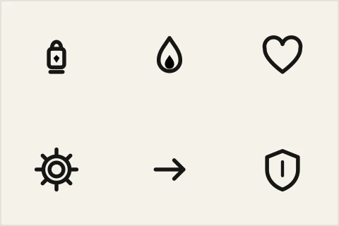 Contact sheet of the six icons: lantern, ember, heart, gear, arrow and shield, drawn as dark line glyphs on paper.